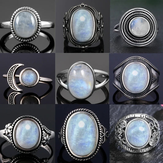 Round Oval Big Natural Moonstones Rings Women's 925 Sterling Silver Rings Gifts Vintage Fine Jewelry