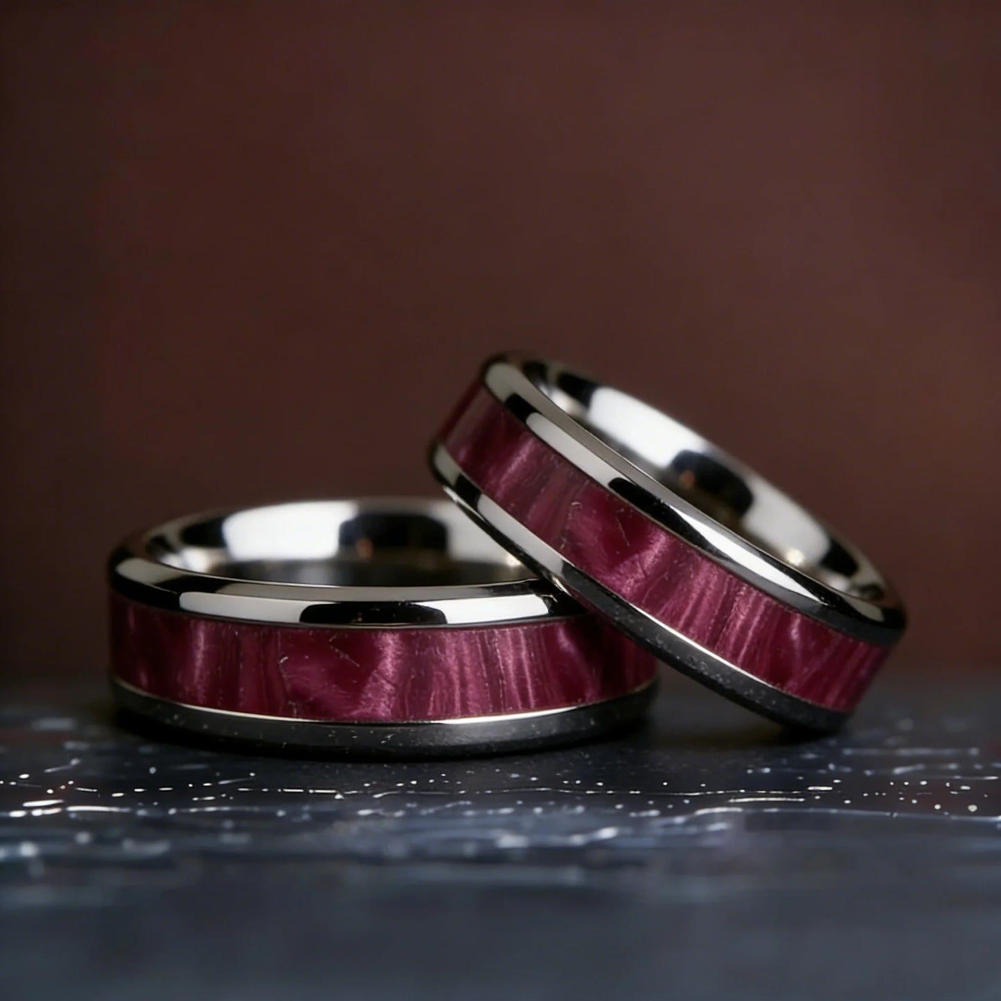 8mm Purple Red Wood Grain Stainless Steel Ring, Cool Promise Wedding Band for Men & Women, Comfort Fit, Wedding Band Jewelry