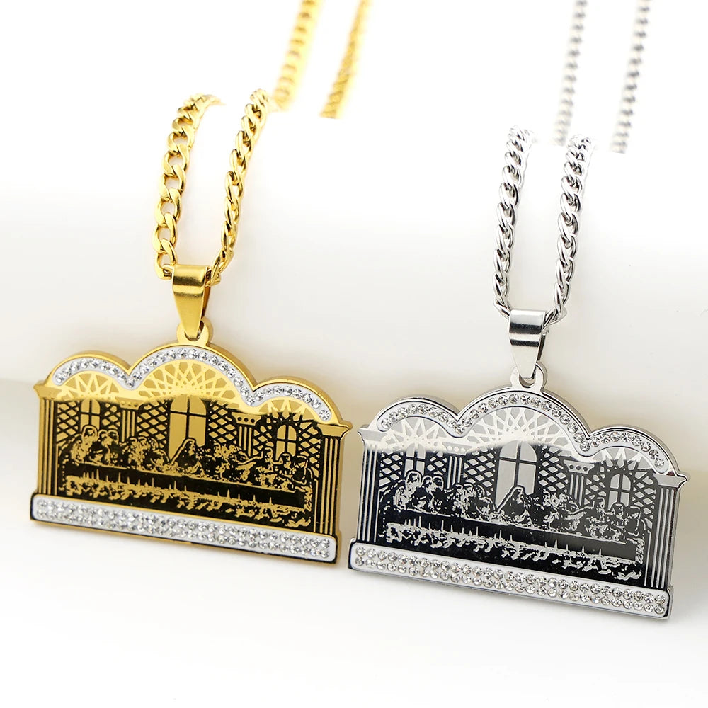 Thirteen Apostles Of Judaism Rhinestones Pendant Necklace Women Men Stainless Steel Gold Color The Last Supper Chain Jewelry