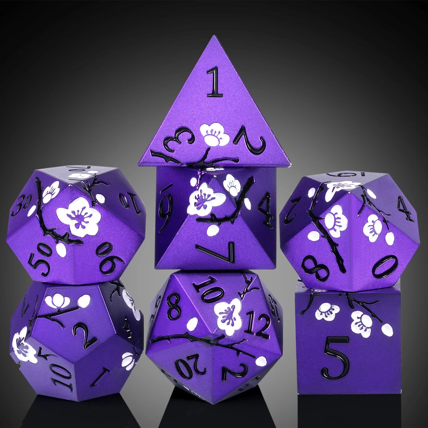 Metal Dice Set D&D, DNDND 7 PCS Flower Metallic DND Dice Set with Grogeous Gift Case for Dungeons and Dragon Tabletop Game Purple white flower