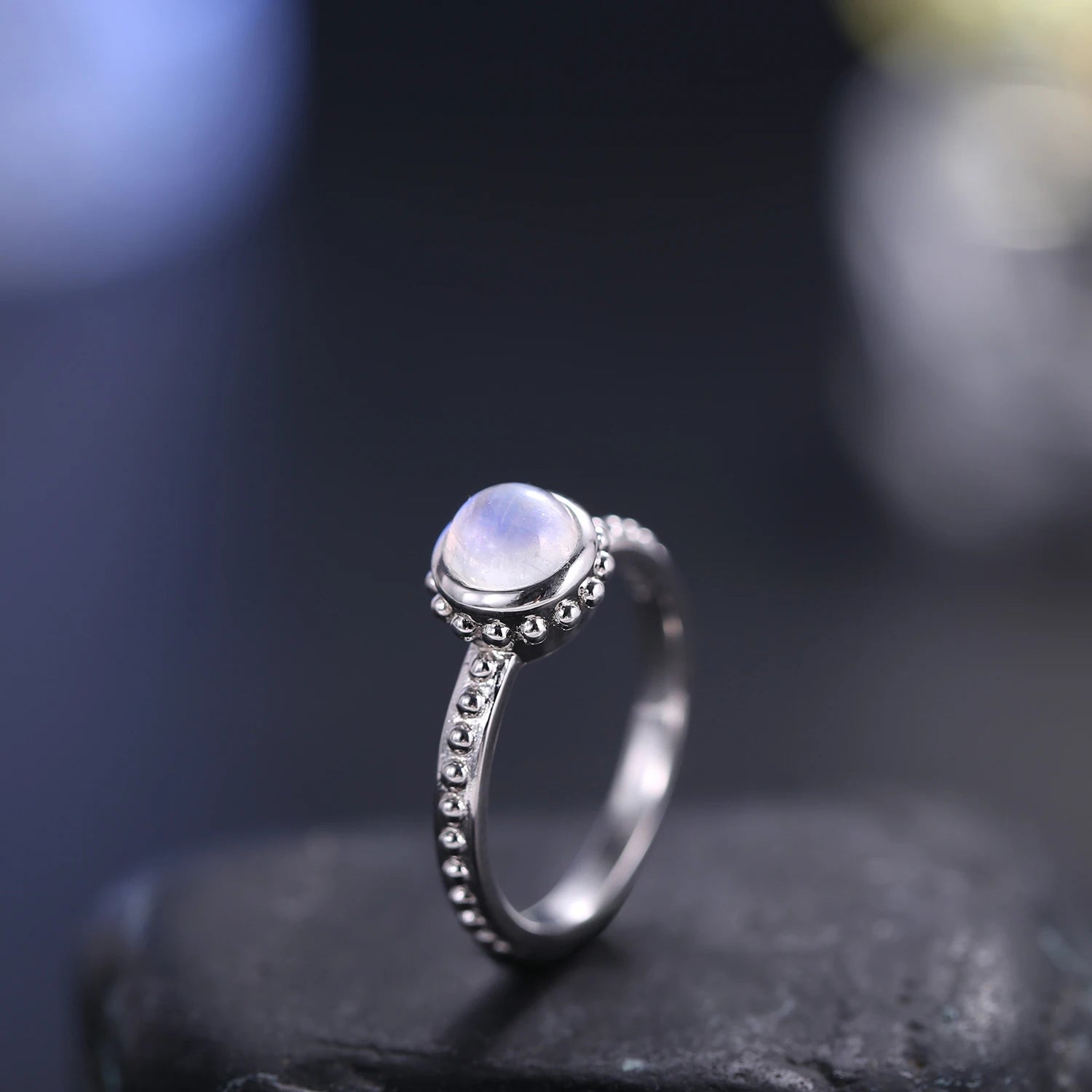 GEM'S BALLET Textured Milky Blue Moonstone Ring in 925 Sterling Silver, Stylish Gemstone Ring, Moonstone Jewellery, Gift for Her