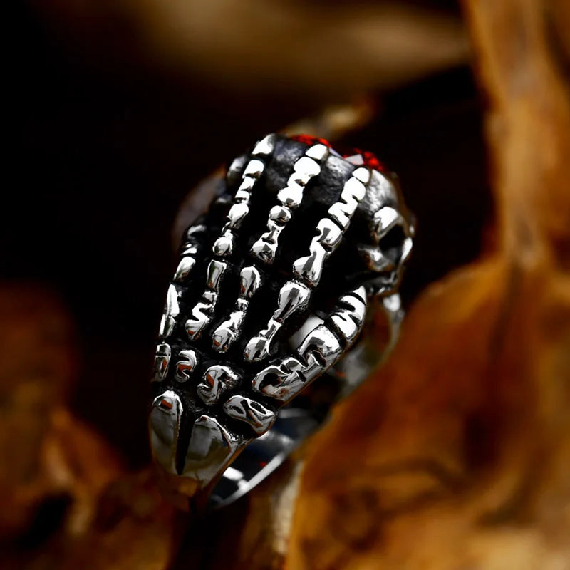 BEIER 2023 Updated 316L Stainless Steel  Skull Hand Bones Ring Paw Ring With Red Stone Punk Biker Jewelry Wholesale Gift