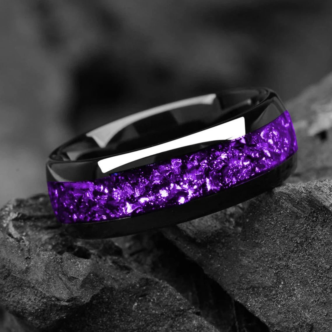 Fashion 8mm Men Stainless Steel Rings Inlay Galaxy Style Purple Abalone Shell Rings For Men Wedding Engagement Band Jewelry Gift