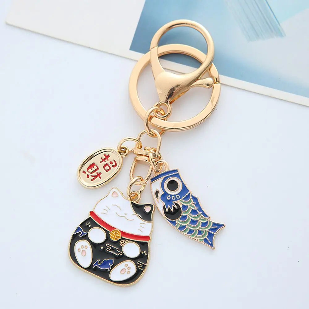 Japanese Style Maneki Neko Keychain Carp Streamer Key Chain For Women Metal Lucky Key Chains Car Bag Pendent