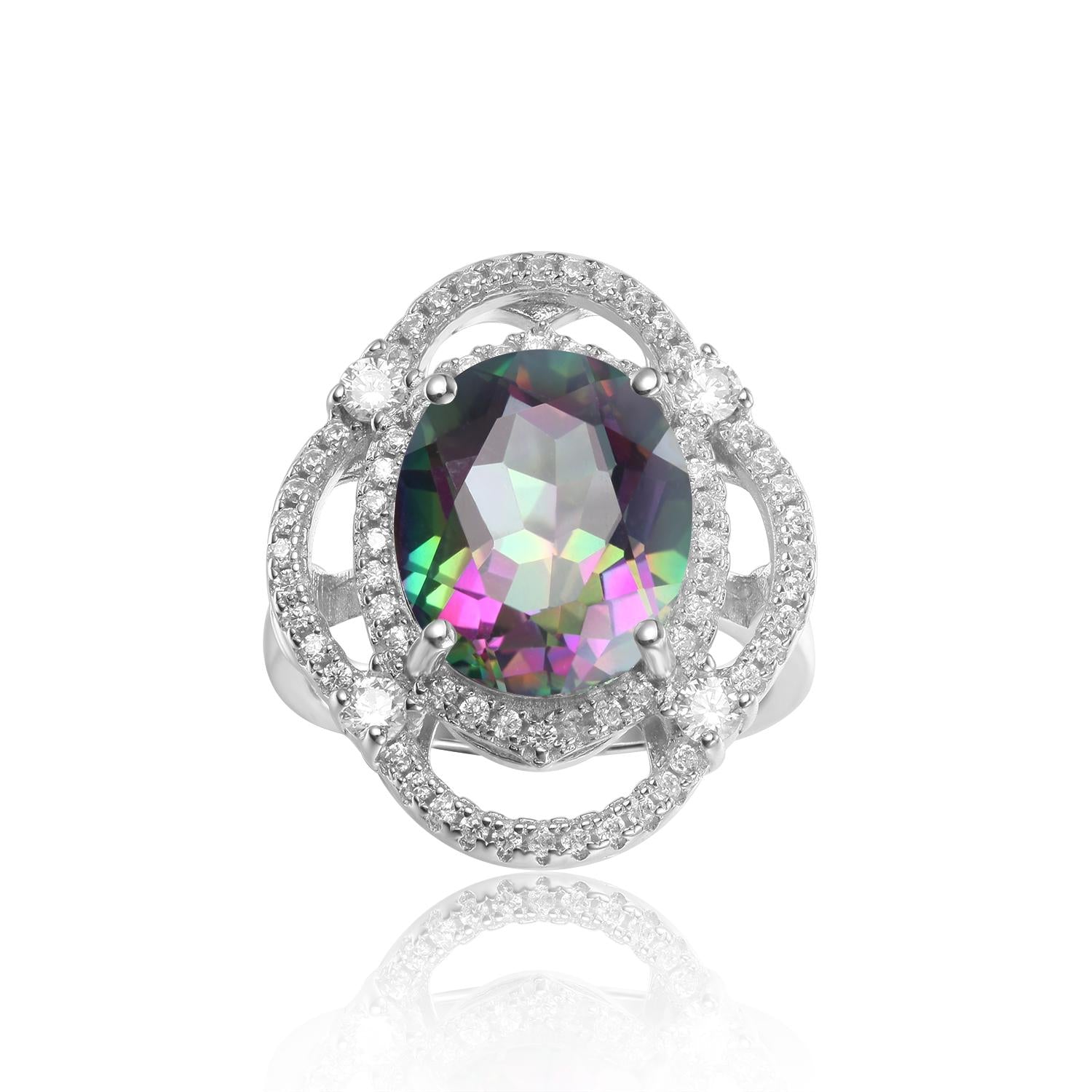 GEM&#39;S BALLET 925 Sterling Silver Birthstone Rings10x12mm Oval Rainbow Mystic Topaz Antique Cocktail Ring For Women Fine Jewelry Rainbow|925 Sterling Silver