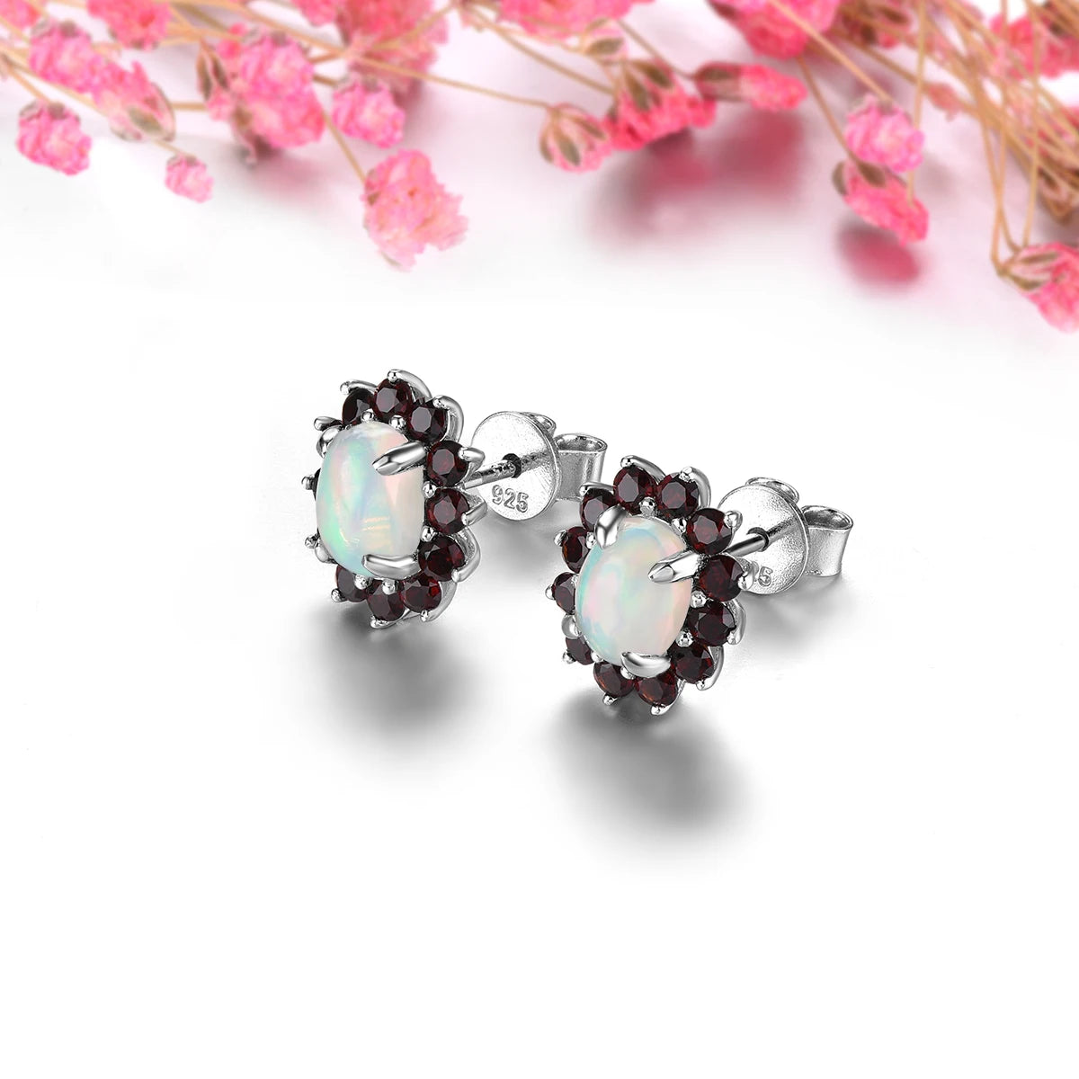 Natural Opal Garnet Sterlig Silver Stud Earring Multicolor 2 Carats Genuine Gemstone Women Romantic Birthday New Year Gifts