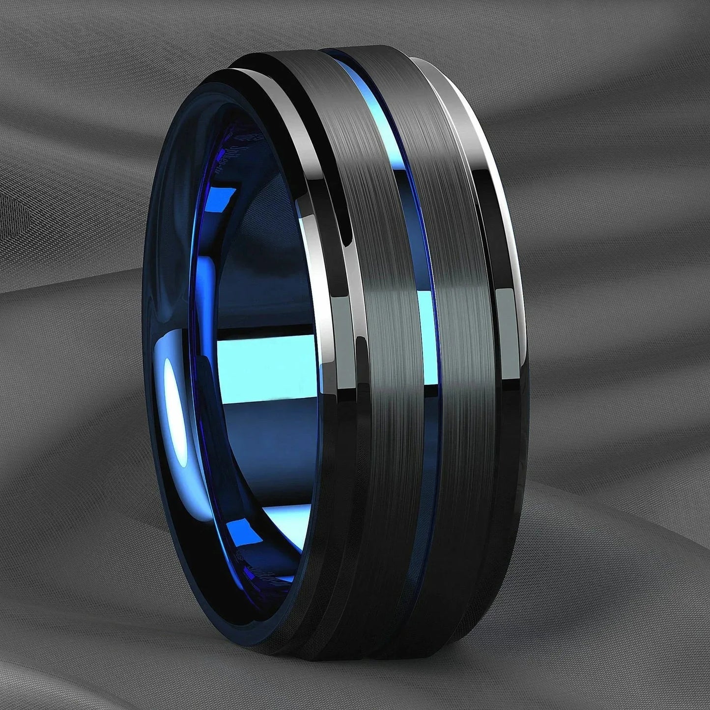 Fashion 8mm Stainless Steel Rings For Men Women Blue Groove Step Edge Black Brushed Engagement Rings Wedding Anniversary Jewelry