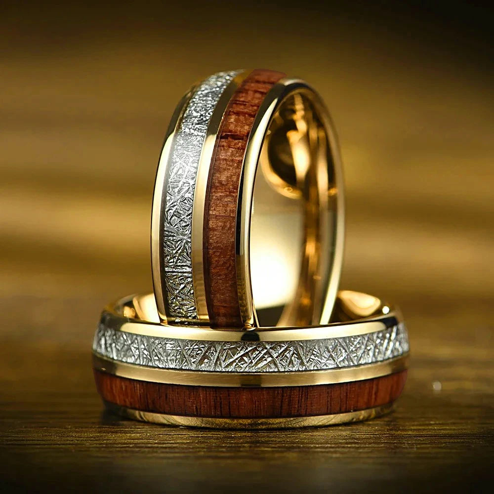 8MM Men's Koa Wood Inlay Stainless Steel Ring Unique Silver Meteorite Steel Rings For Gift Luxury Party Wedding Band Jewelry
