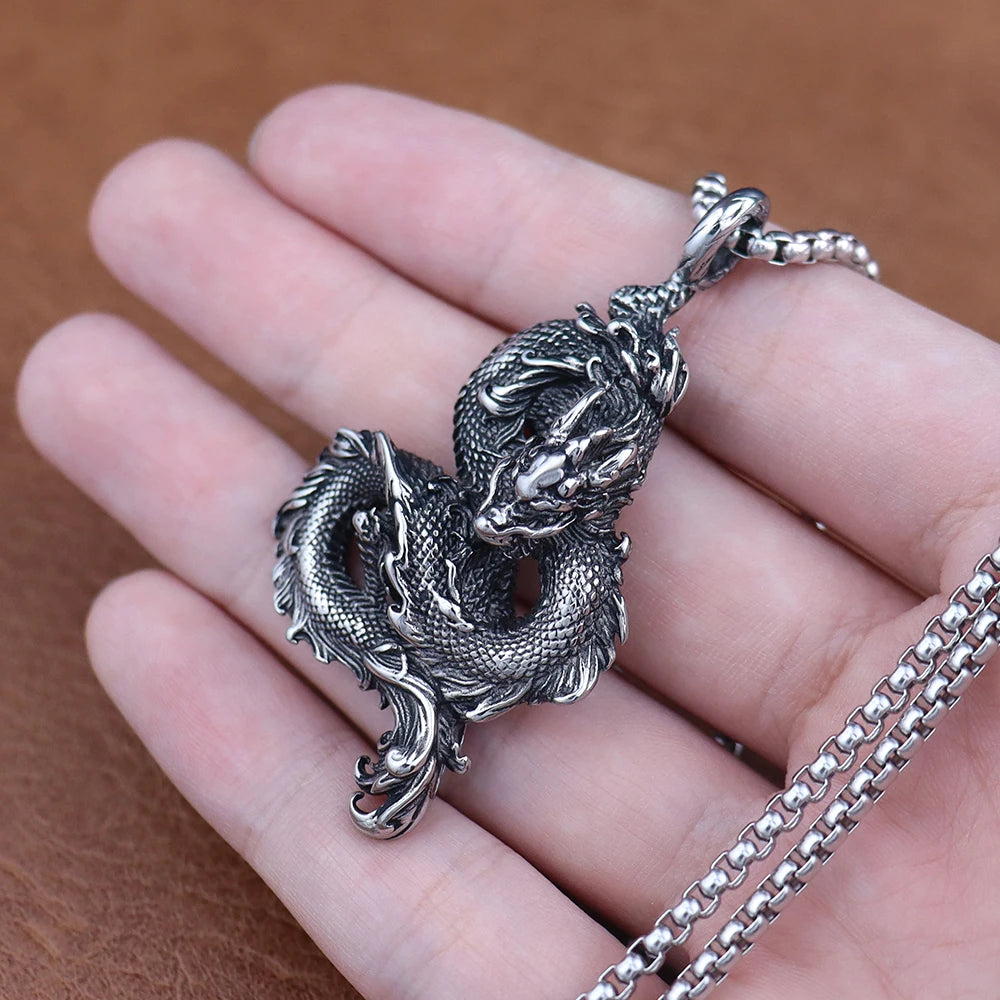 Stainless Steel Domineering Chinese Dragon Pendant Chain for Men Fashion Punk Dragon Necklaces Popular Party Jewelry