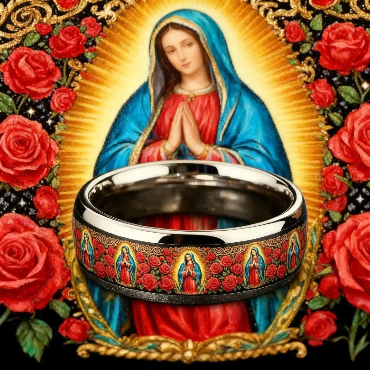 Vintage Our Lady of Guadalupe Ring Stainless Steel Christian Virgin Mary Rings For Men Women Religious Lucky Amulet Jewelry Gift