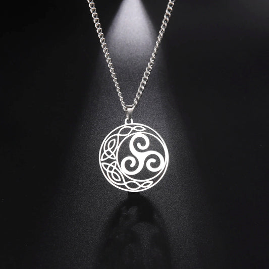 LIKGREAT Viking Celtic Moon Pendant Necklace Crescent Spiral Triskele Triangle Necklace Amulet Stainless Steel Men Women Jewelry