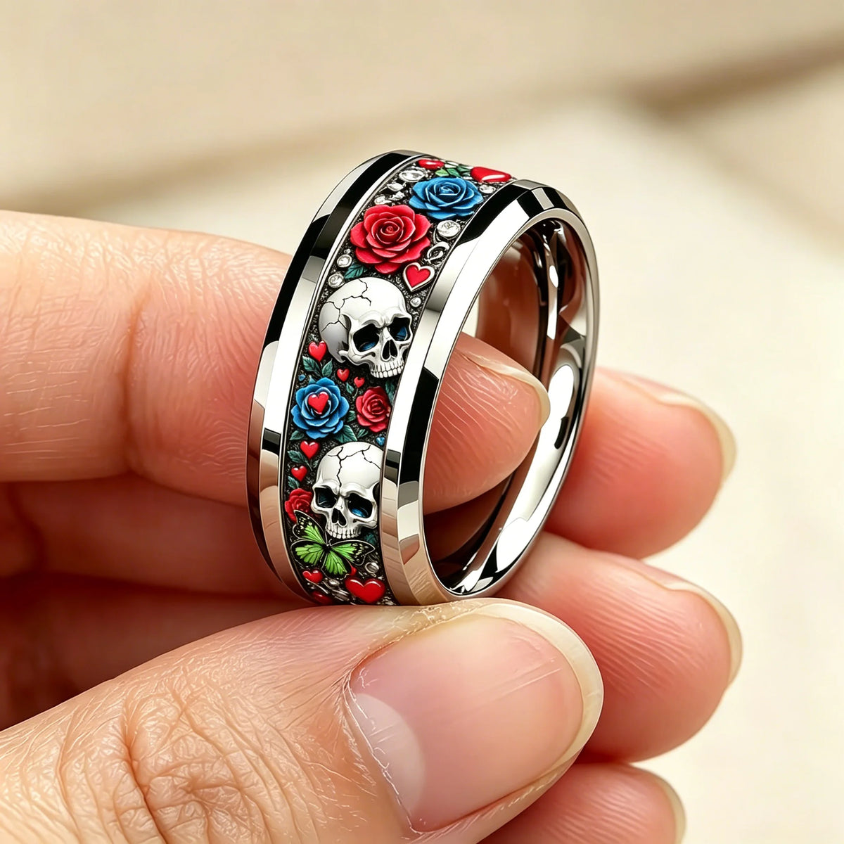 Cyberpunk Cool Red Rose Flower and Skull Ring Gothic Punk Men Stainless Steel Rings No Fade Rock Biker Jewelry Halloween Gift