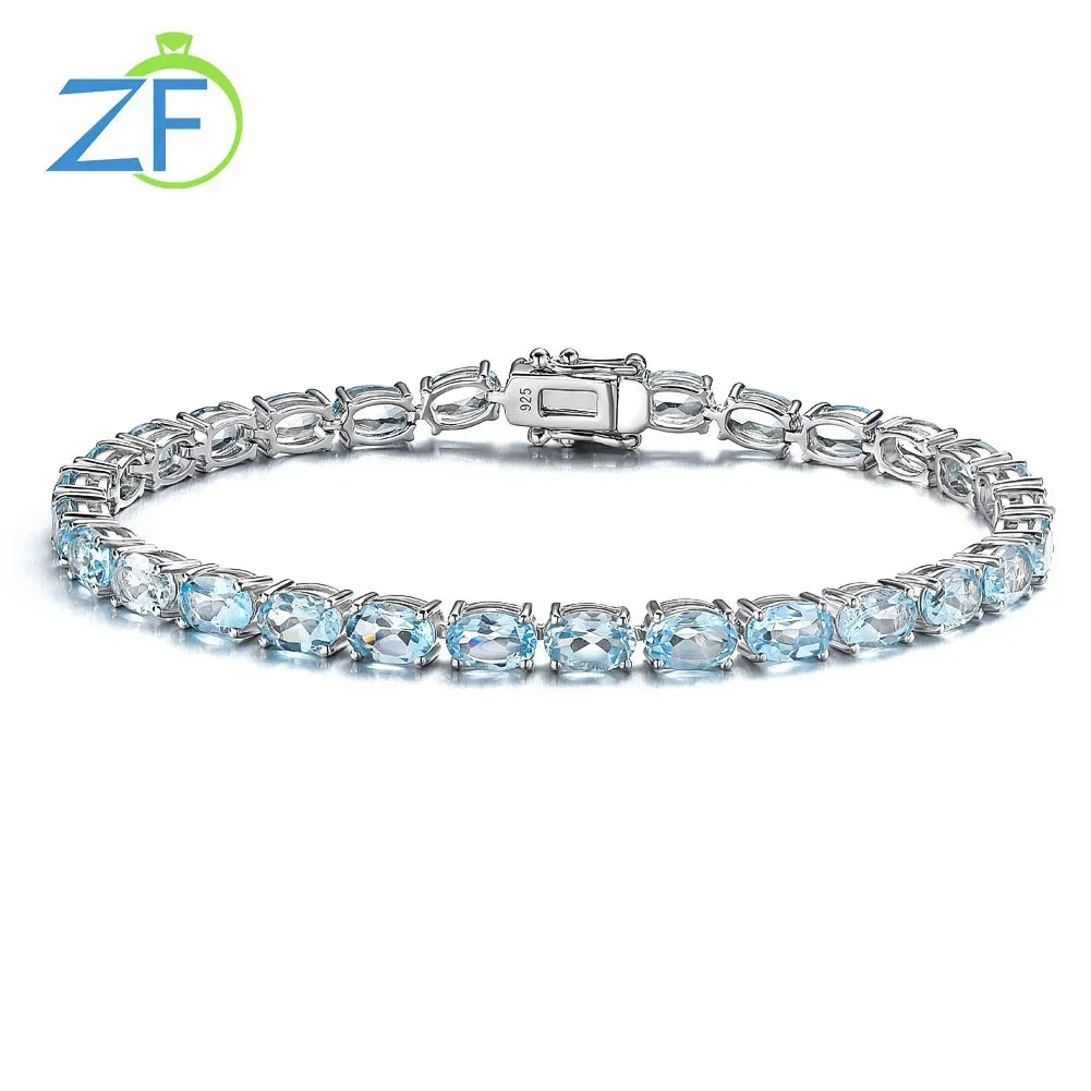 GZ ZONGFA Pure 925 Sterling Silver Women's Hand Bracelets 100% Real Gemstone Natural Topaz Peridot Amethyst Gem Fine Jewelry Sky Blue Topaz 17.5-18cm Rhodium Plated