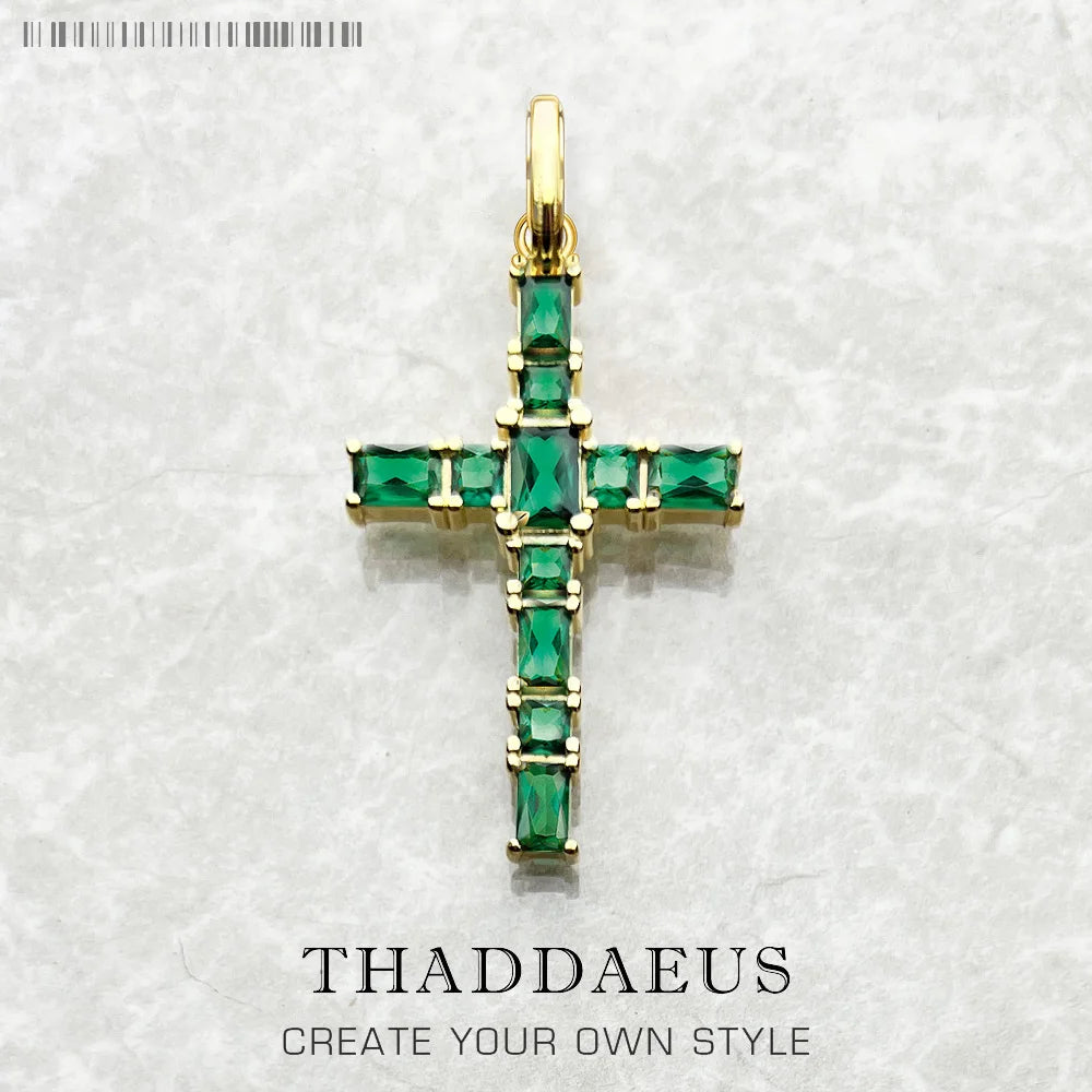 Gold Plated Cross Green Stones Pendant Brand New Fine Jewelry 925 Sterling Silver Accessories Stylish Gift For Woman Default Title