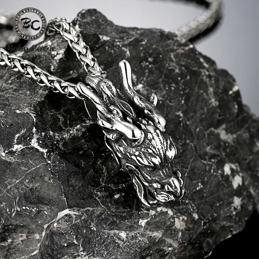 Classic Chinese Mythology Dragon Head Pendant Necklaces Men Stainless Steel Ethnic Accessories Charm Lucky Amulet Jewelry Gifts