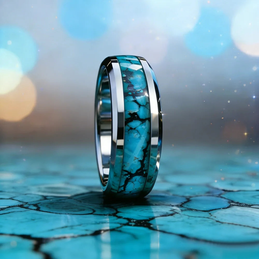 8mm Blue Turquoise Inlay Stainless Steel Ring for Men Vintage Wedding Band Engagement Jewelry Wedding Jewelry Drop Shipping