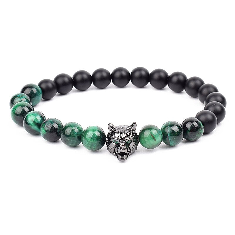 Wolf Charm Bracelets Men Natural Black Agates Onyx Stone Bracelet Brave Blue Tiger Eye Elastic 8 mm Beads Jewelry Beaded Pulsera Green tiger eye 1