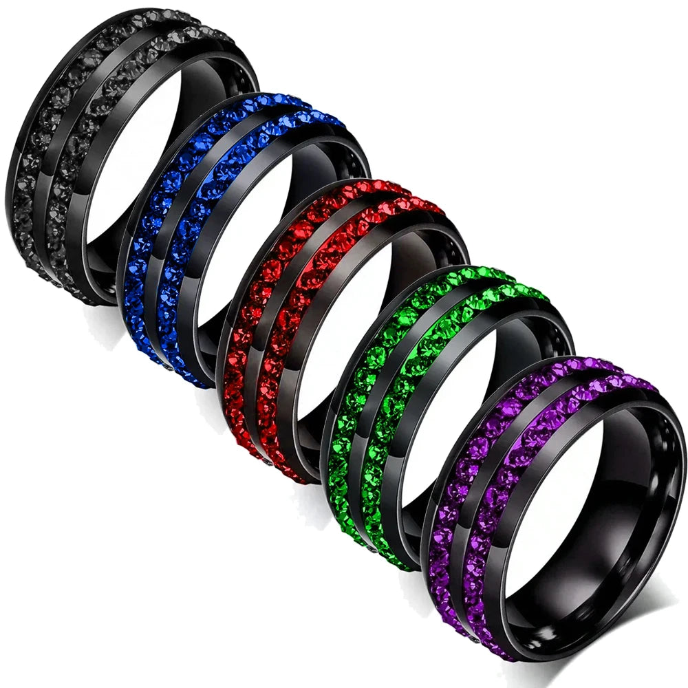 Fashion 8mm Double Row Rhinestone Stainless Steel Rings For Men Women Luxury Micro Paved CZ Crystal Rings Wedding Band Jewelry