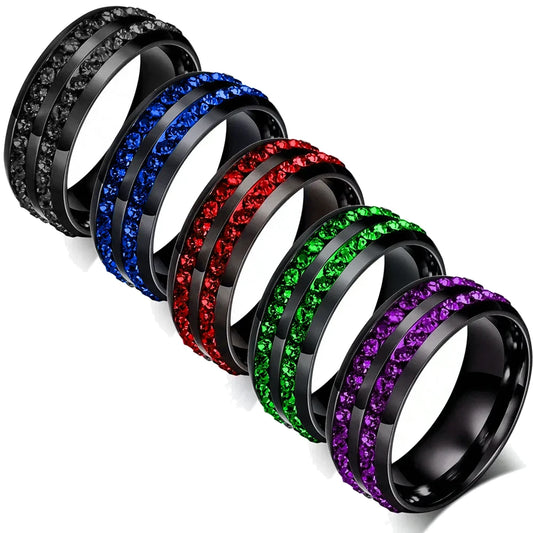 Fashion 8mm Double Row Rhinestone Stainless Steel Rings For Men Women Luxury Micro Paved CZ Crystal Rings Wedding Band Jewelry