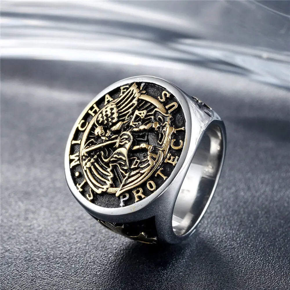 Mens Stainless Steel Catholic Archangel St Saint Michael Ring Size 7-15