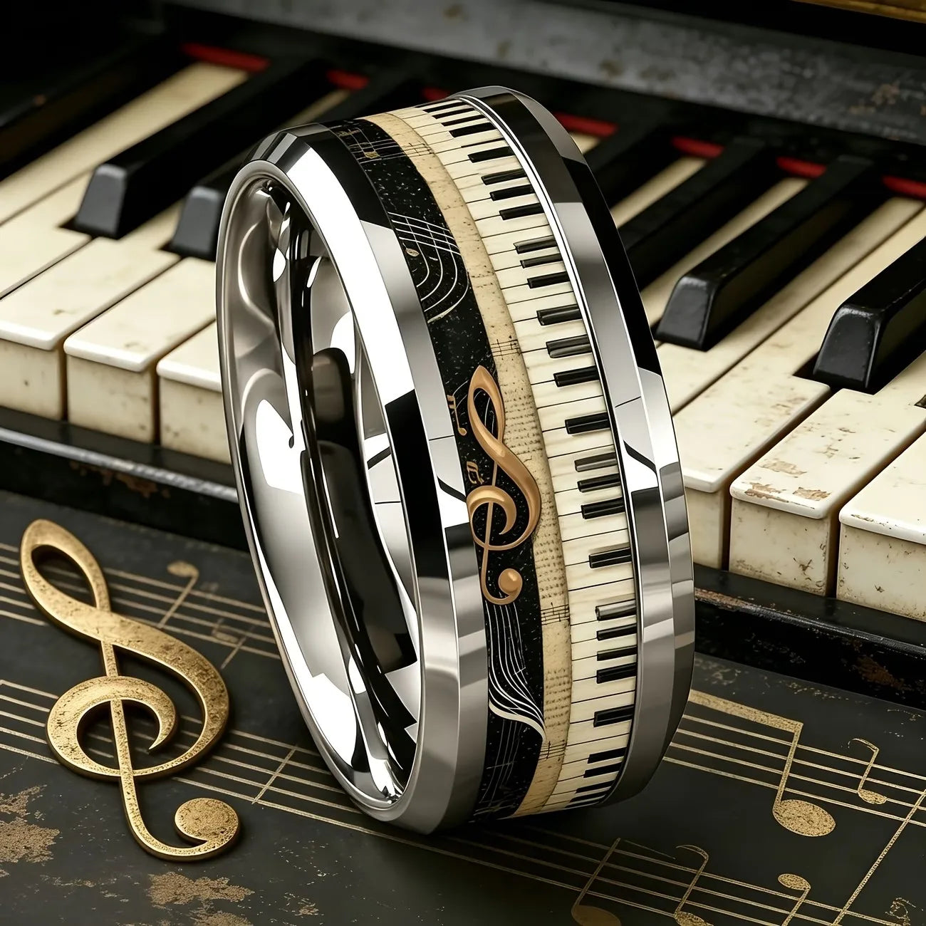Fashion Stainless Steel Piano Note Ring Hypoallergenic Jewelry for Men, Ideal Opening Graduation Gift for Music Lovers Musician