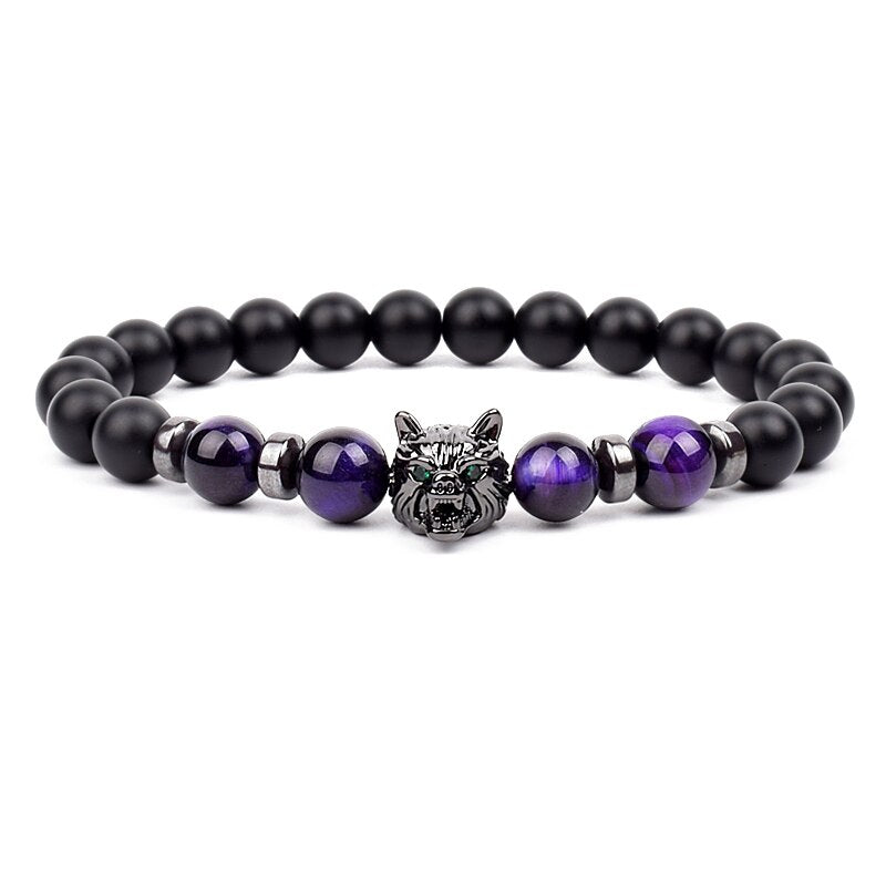 Wolf Charm Bracelets Men Natural Black Agates Onyx Stone Bracelet Brave Blue Tiger Eye Elastic 8 mm Beads Jewelry Beaded Pulsera Purple tiger eye 3