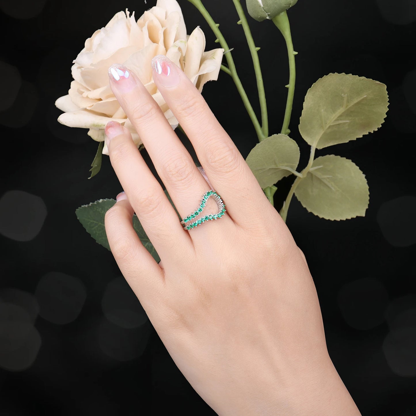 JewelryPalace Simulated Nano Emerald 925 Sterling Silver Open Adjustable Ring for Women Statement Green Gemstone Fine Jewelry