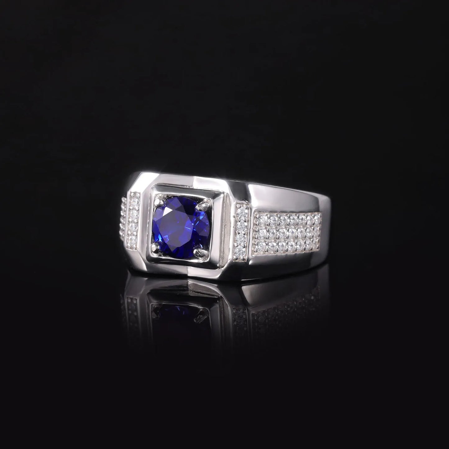 GEM'S BALLET 925 Sterling Silver Blue Sapphire Ring For Men Wedding 6.5mm 1.37Ct Round Lab Grown Sapphire Men's Statement Ring