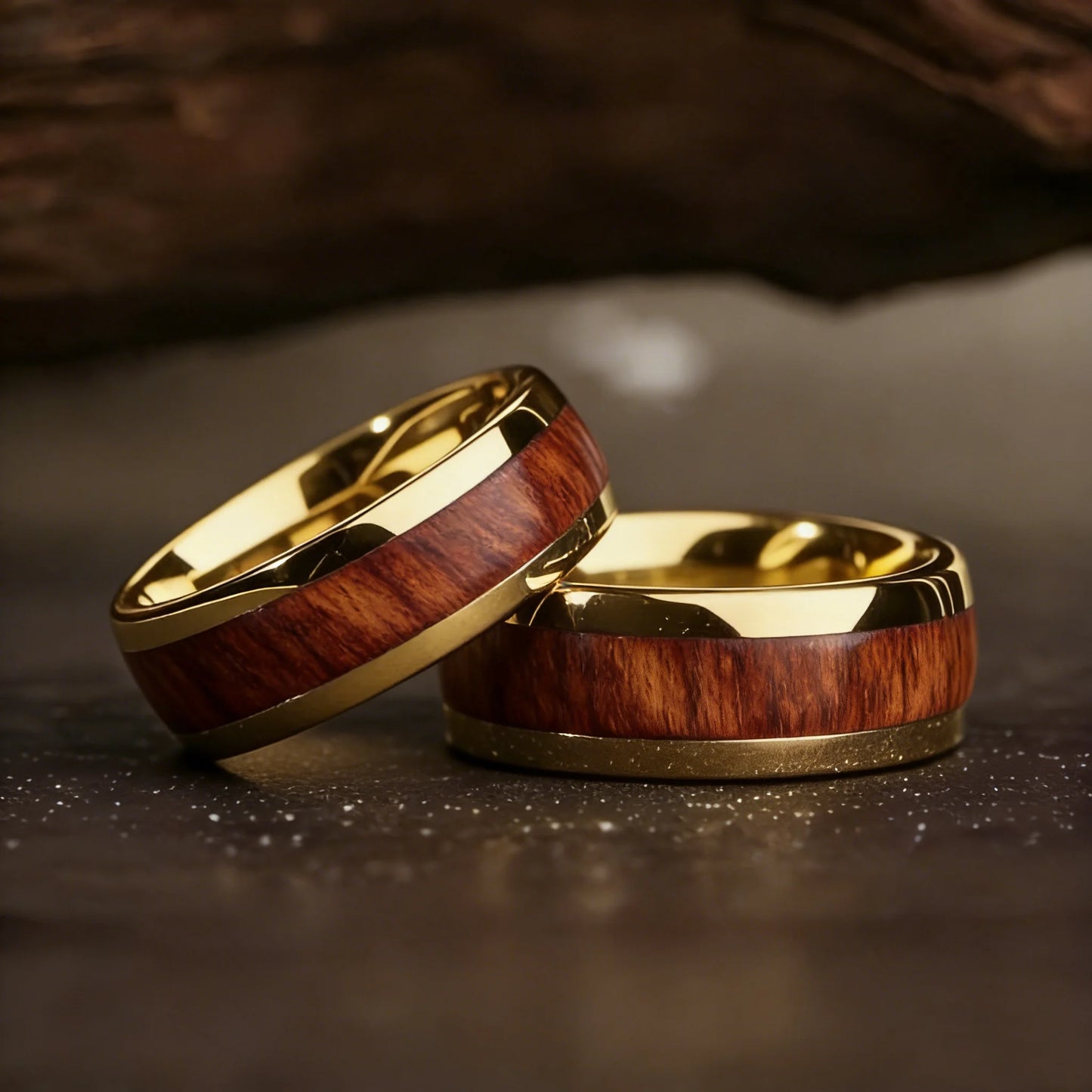 Fashion Koa Wood Inlay Rings 8MM Gold Color Men Stainless Steel Rings For Men Women Domed Wedding Engagement Jewelry Gift