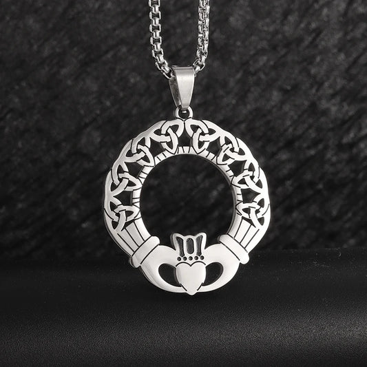 Stainless Steel Celtic Trinity Knot Claddagh Heart Shape Pendant Necklace for Men Women Irish Lucky Amulet Jewelry