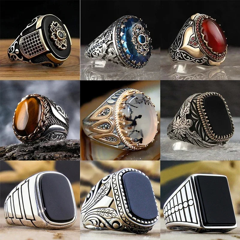 New Retro Handmade Turkish Rings for Men Vintage Double Swords Black Zircon Rings Punk 2024 Trendy Islamic Religious Muslim