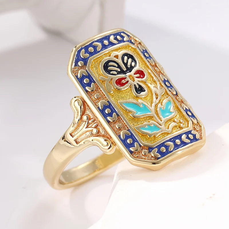 Bohemian Elegant Luxurious Retro Gold Color Artificial Enamel Flower Ring for Gift Giving Vacation Wear Christmas Accessory