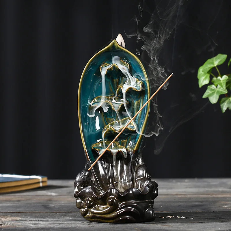 Ceramic Lotus Leaf Lotus Flowback Incense Stove Artistic Conception Fish Pond Double Fish Incense Stove Handicrafts Incense Lotus with fish