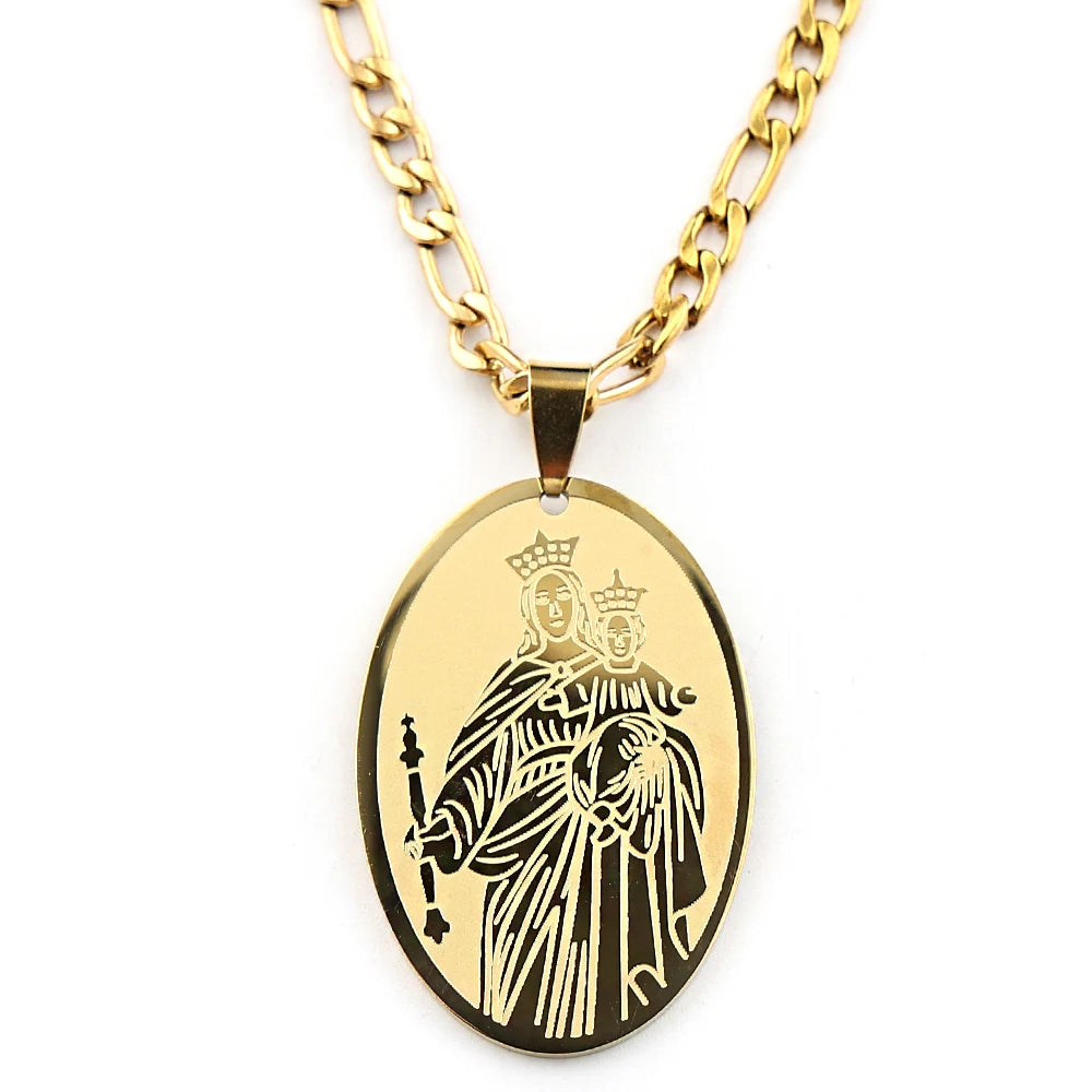 Oval Medal Virgin Mary Pendant Necklace for Women Men Stainless Steel Gold Color Catholic Our Lady of Mount Carmel Chain Jewelry