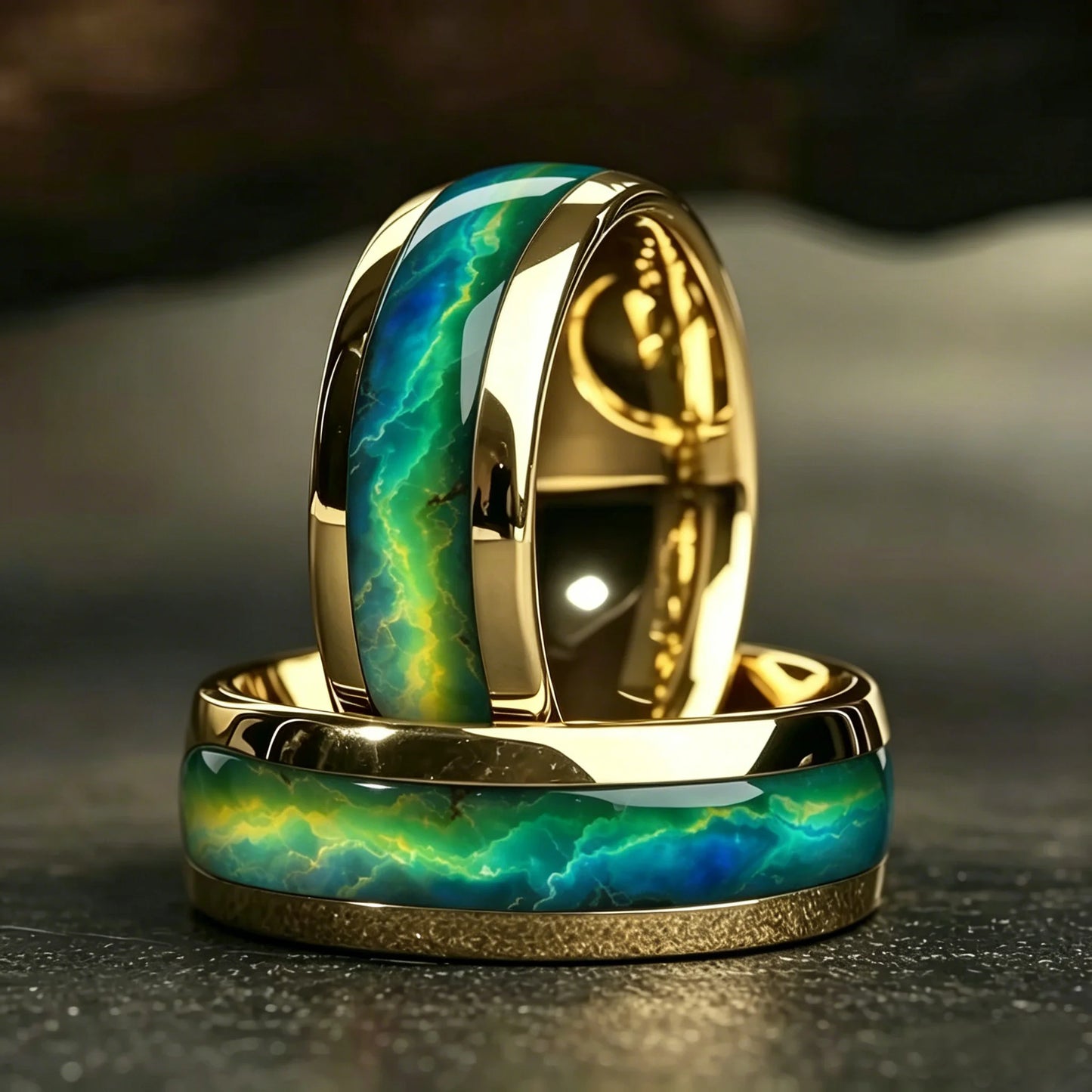 Luxury Gold Color With Green Blue Aurora Borealis Pattern Inlay Stainless Steel Men's Ring Wedding Band Jewelry Wholesale