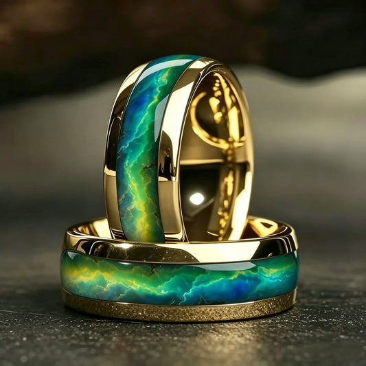 Luxury Gold Color With Green Blue Aurora Borealis Pattern Inlay Stainless Steel Men's Ring Wedding Band Jewelry Wholesale