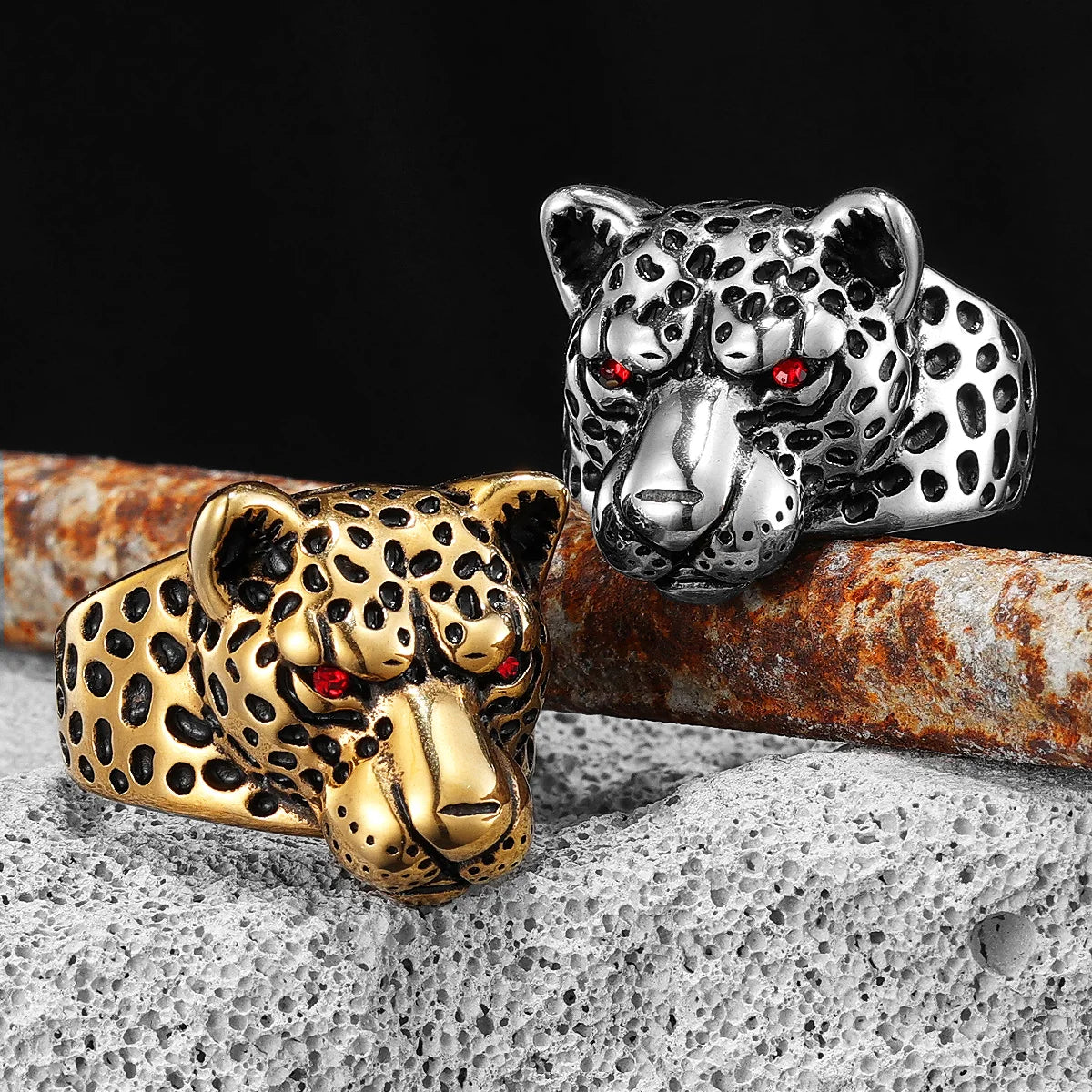 Leopard Ring Stainless Steel Men Jaguar Rings Wild Animal Punk Rock for Male Party Jewelry Halloween Accessories