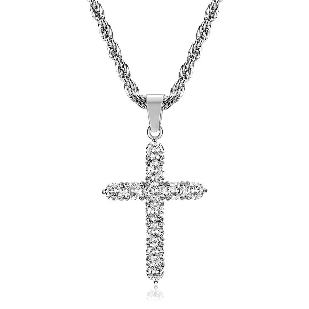 Fashion Jewelry Stainless Steel Cross Aglare Crystal Hip Hop Gold Charm Pendant Necklace Twist Chain
