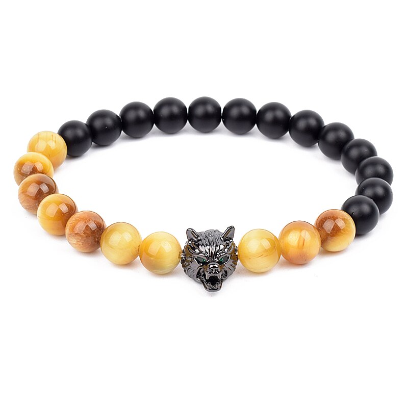 Wolf Charm Bracelets Men Natural Black Agates Onyx Stone Bracelet Brave Blue Tiger Eye Elastic 8 mm Beads Jewelry Beaded Pulsera Gold tiger eye