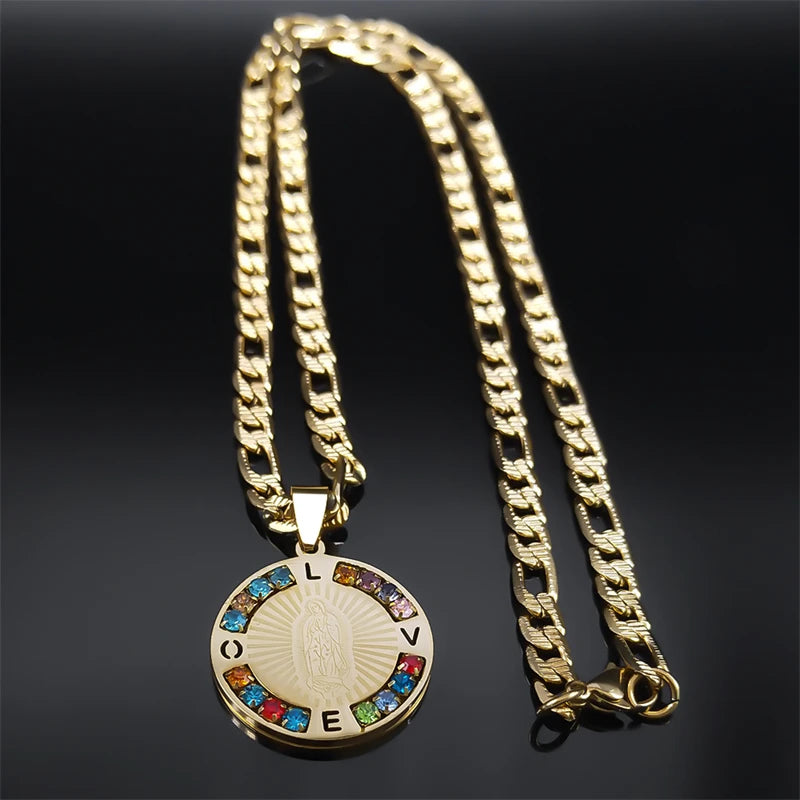 Virgin Mary Love Colorful Crystal Necklace Women Men Stainless Steel Gold Color Our Lady of Guadalupe Necklaces Jewelry N8389S05