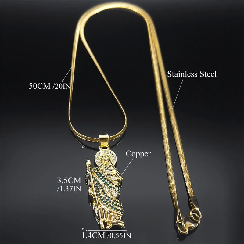 San Judas Tadeo Necklace Zircon Copper Religion Pendant Stainless Steel Snake Chain Saint Jude Thaddeus Necklaces Jewelry NGG43