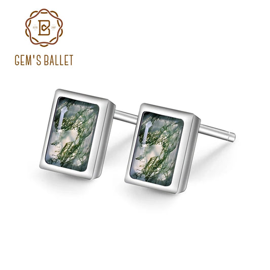 GEM'SBALLET 0.53Ct 4x6mm Natural Moss Agate Gemstone Stud Earrings in 925 Sterling Silver Wedding Earrings Gift For Her