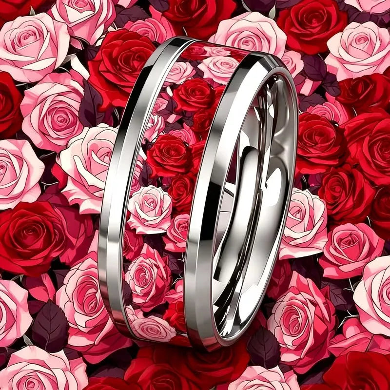 Romantic Men's Stainless Steel Rings With Red Pink Rose Flower Parrern Inlay Ring For Wedding Jewelry Valentine's Day Gifts