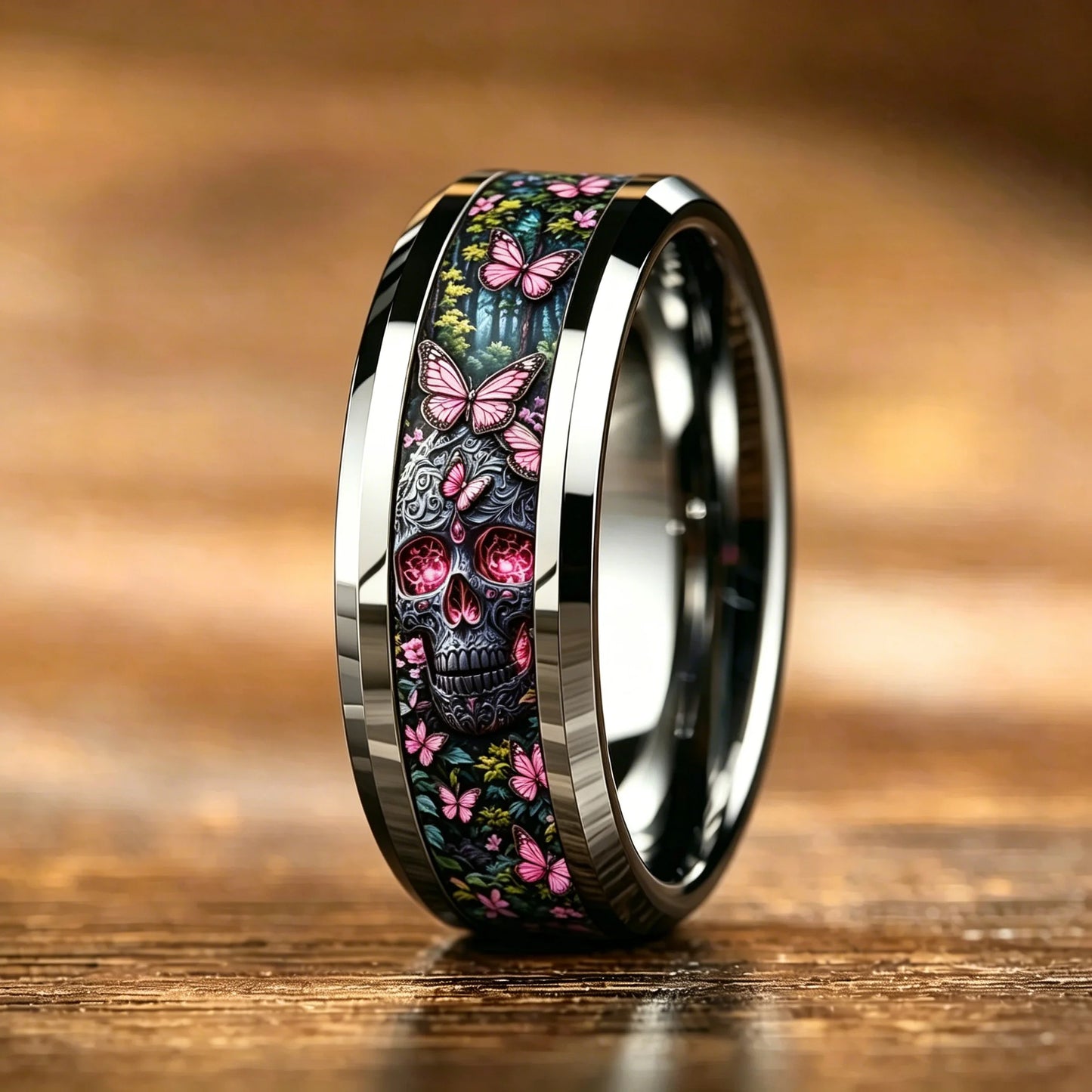 Vintage Gothic Punk Sugar Skull Pink Butterfly Dark Forest Floral Stainless Steel Ring Halloween Aesthetic Wedding Band Jewelry