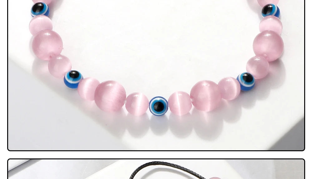 Blue Evil Eye Beaded Bracelets Natural Cat Eye Stone 6 8mm Opal Men Bangles Adjustable Women Bracelet Lucky Yoga Jewelry Gifts