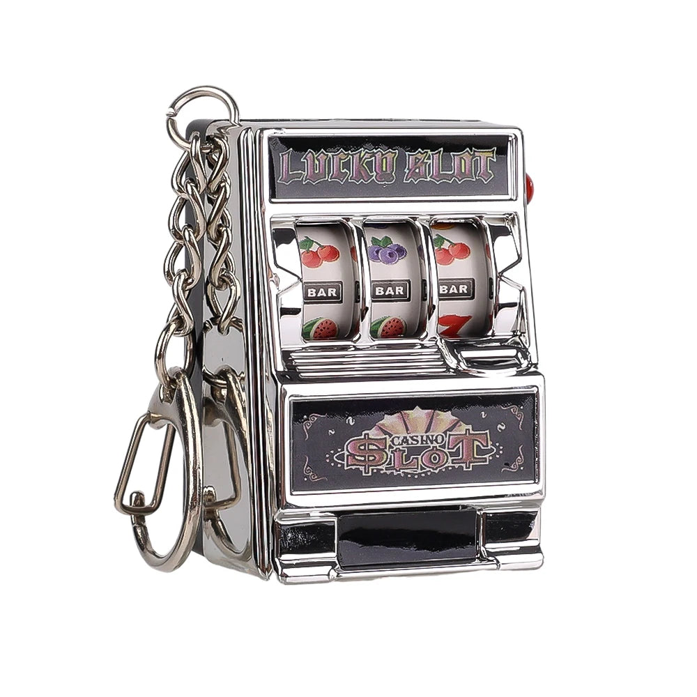 Mini Gambling Slot Machine Key Chains Creative Arcade Pocket Fruit Lucky Jackpot Gadget Antistress Toy Funny Games Keychain Ring silver
