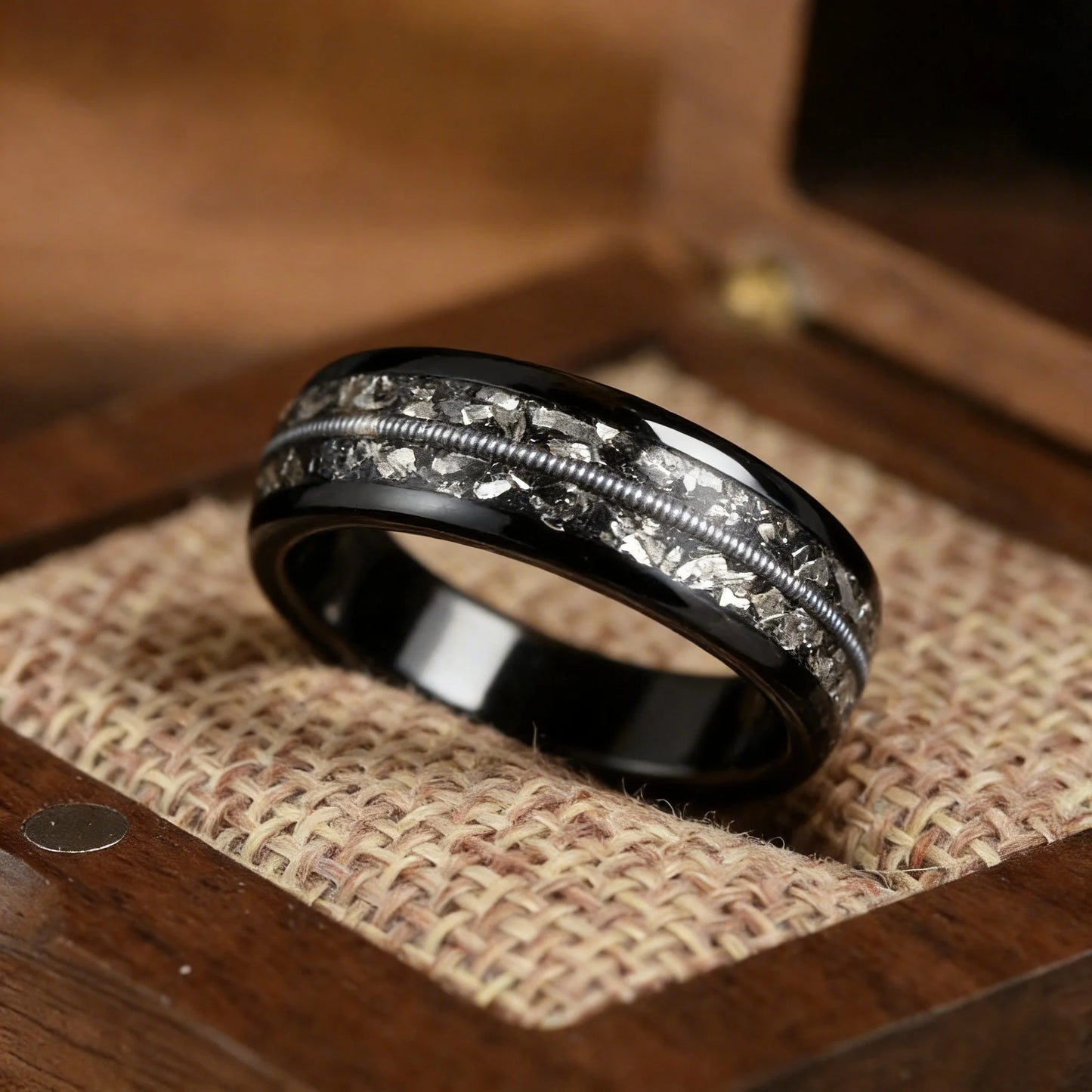 Fashion 8mm Black Stainless Steel Guitar String Rings for Men With Meteorite Inlay Guitarist Ring Men Wedding Band Jewelry