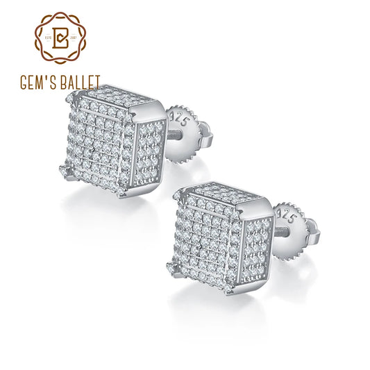 GEM'S BALLET Micropave Hip Hop Jewelry 925 Sterling Silver Iced Out Moissanite Screw Back Square Stud Earring For Men