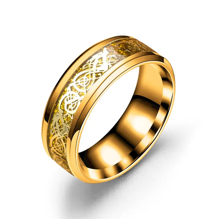 Fashion 8mm Black Stainless Steel Dragon Rings For Men Women Inlaid Blue Carbon Fiber Men Rings Punk Wedding Band Jewelry Gifts