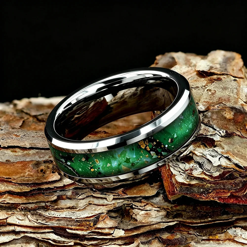 With Dark Green Synthetic White Stone Rings, 8mm Cosmic Starry Sky Stainless Steel Men Ring, Wedding Band Jewelry Drop Ship